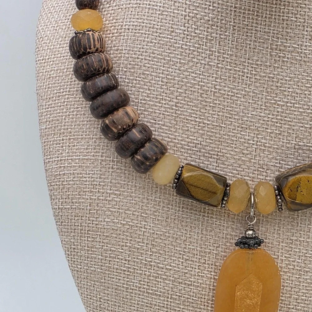 Vtg SILPADA Necklace Honey Jade, Tiger's Eye, 925 Sterling Silver, Wood Bead 16" - Picture 4 of 8